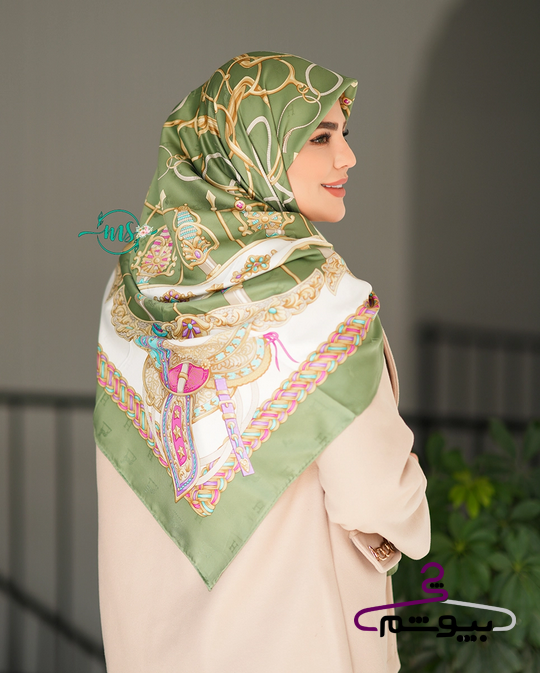 روسری طرح هرمس جواهر سبز زیتونی